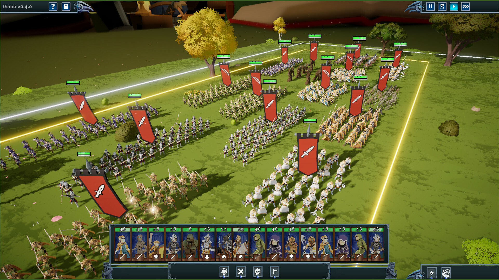 Tabletop Tavern large battle with many formations and unit cards visible