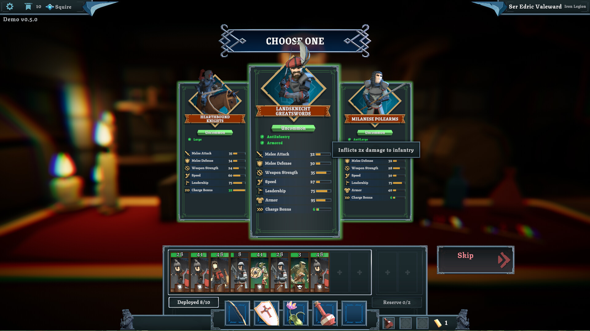 Tabletop Tavern recruit choice screen with unit stat cards