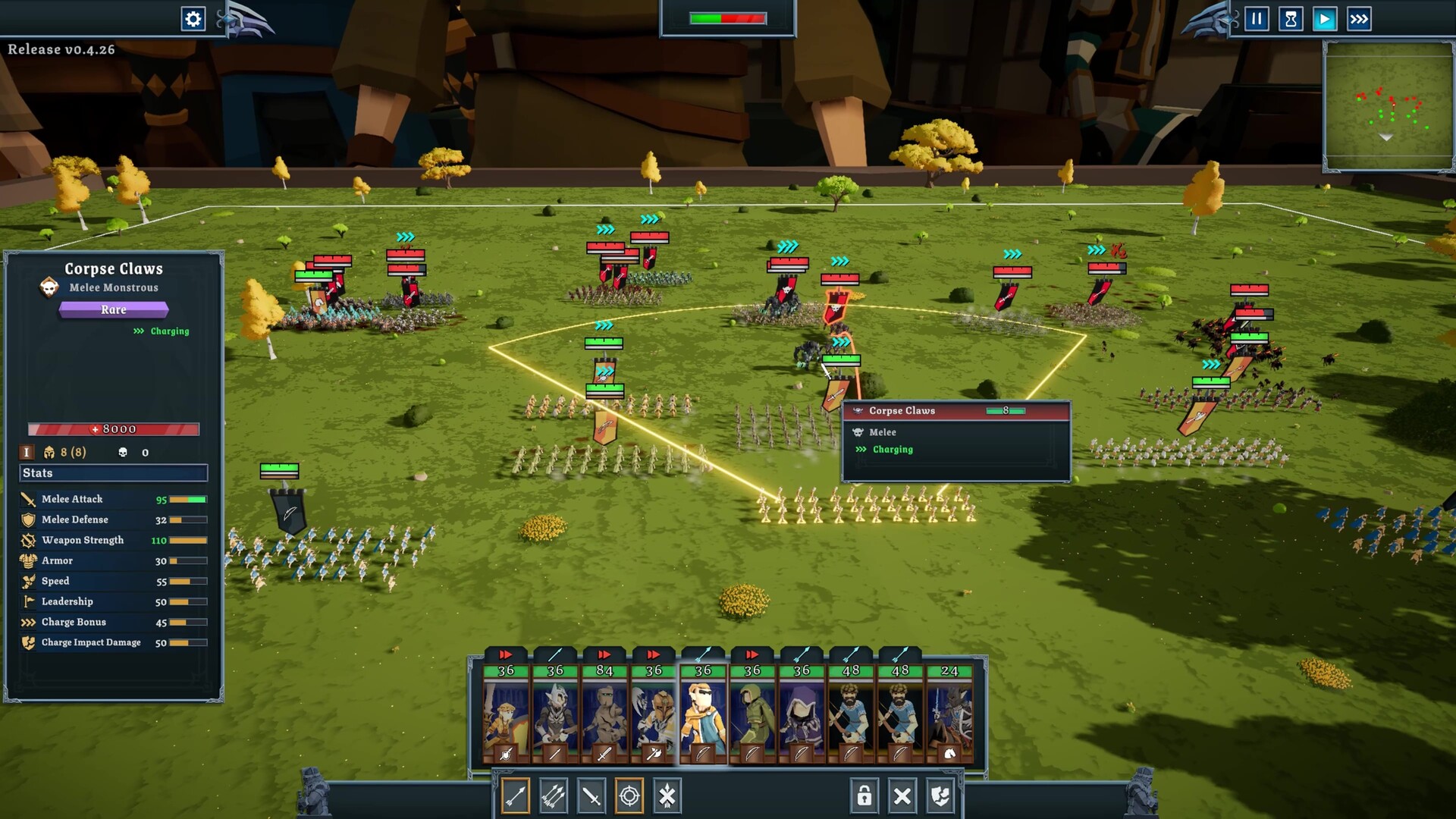 Tabletop Tavern battle view with unit cards, enemy stats, and formations on the battlefield