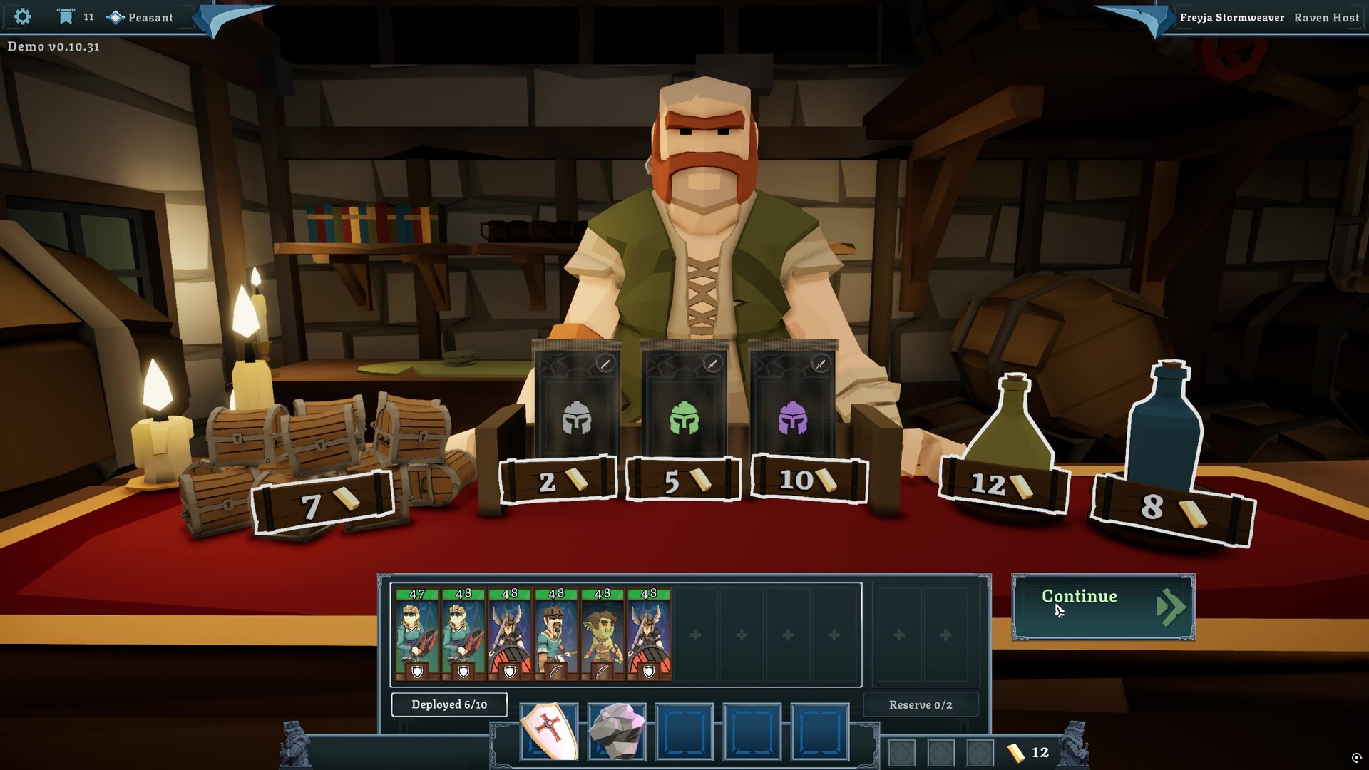 Tabletop Tavern shop screen showing chests, gear cards, and potion items